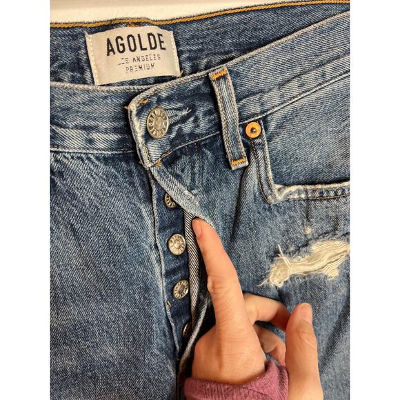 Agolde Denim Jamie High Rise Straight Leg Jean Medium Blue Distressed Capsule - Picture 5 of 10
